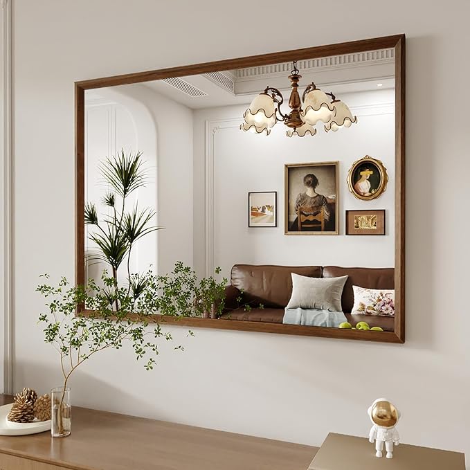 WEER Bathroom Mirror, 40x30 Inch Wall Mirror, Walnut Wood Grain Framed Mirror, Rectangle Vanity Mirror, Tempered Glass, Anti-Rust, Hangs Horizontally or Vertically