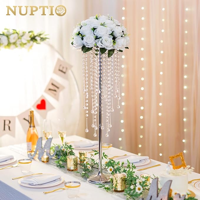 NUPTIO Silver Vase Wedding Centerpieces: 2 Pcs 29.5in Tall Crystal Flower Stand for Tables Elegant Metal Flowers Arrangement Vases for Weddings Birthday Party Anniversary Reception Home Decorations