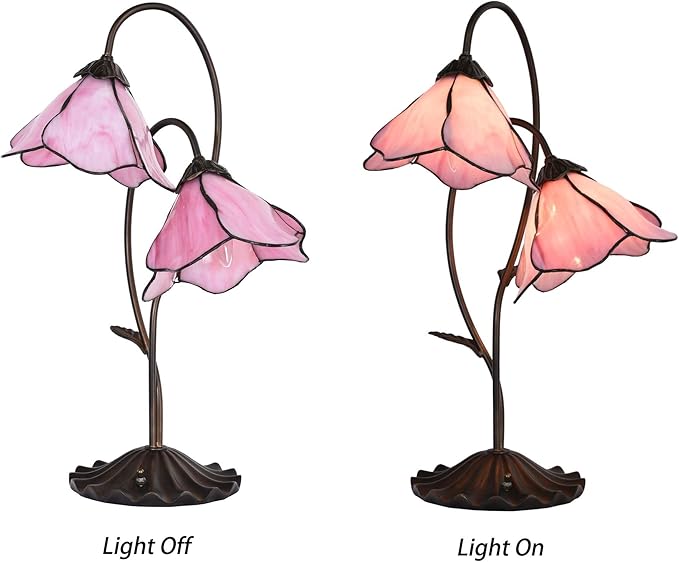 Bieye L10811 Flower Tiffany Style Stained Glass Table Lamp with 8-inch Wide Bent Glass Lampshade Lily Pad Base (2-Light, Pink)