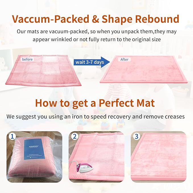 ACOMOPACK Baby Play Mat for Floor,1.3" Thick Memory Foam Area Rug for Living Room,Soft Velvet Crawling with Non-Slip Bottom for Kid,Toddler,59"×71" Tummy Time Nursery Rugs,Yoga（Pink）