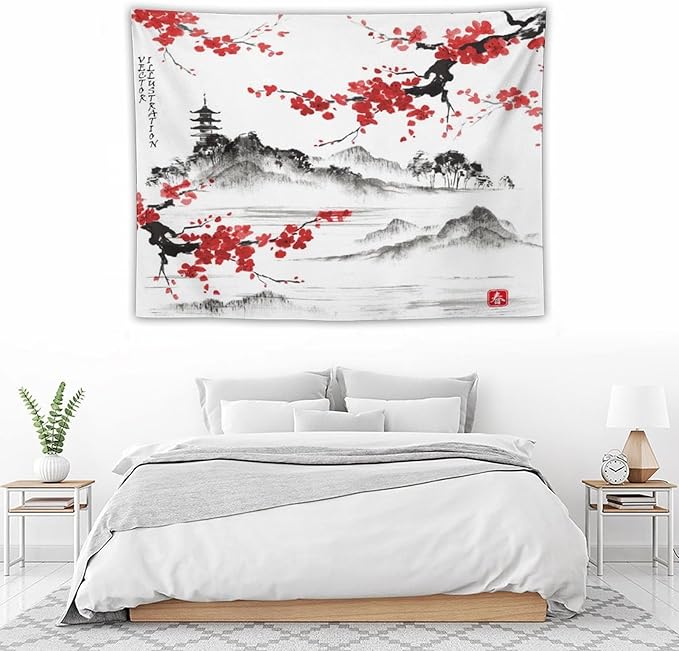 Cherry Blossoms Tapestry, Japanese Fuji Mountain Wall Tapestry, Nature Landscape Wall Art for Bedroom & Living Room Decor, 40"x30"