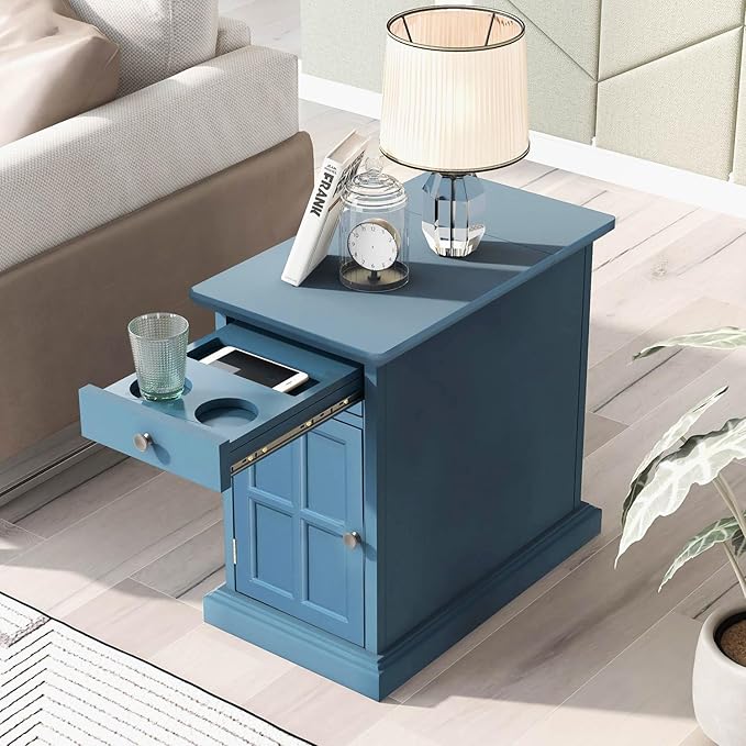 Traditional Wood Narrow End Table with Charging Station, Modern Vintage Sofa Side Table Storage & Multifunctional Drawer, Antique Navy Set of 2 for Living Room, Bedroom, Office, No Assembly