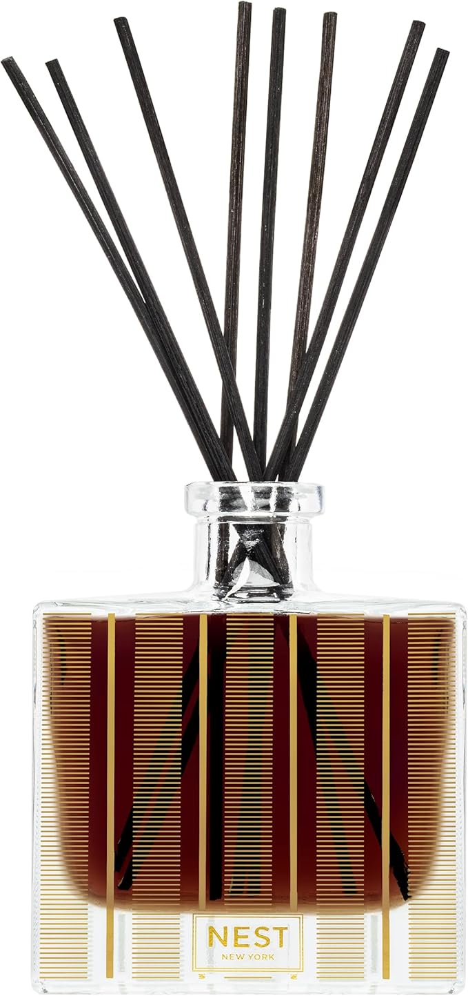 NEST New York Reed Diffuser, Hearth - 5.9 fl oz - Fragrance for Up to 90 Days - Reusable, Refillable Glass Holder - Includes 8 All-Natural Reed Sticks - Flame Free