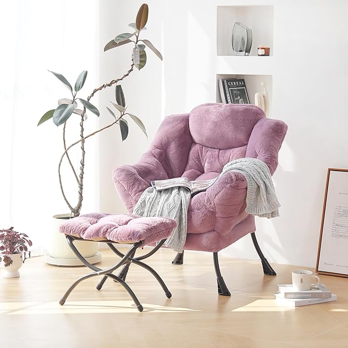 Plush Lazy Chair and Ottoman, Large Contemporary Accent Lounge Chair with Armrests and a Side Pocket, Modern Leisure Upholstered Sofa Reading Armchair with Footrest for Bedroom, Living Room