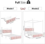 Full Upholstered Canopy Bed Frame with 2 Drawers & Crystal Tufted Storage Headboard Two-Purpose Metal Platform Bed with 4 Removable Posts & Charging Station Pink Princess Bed, Curtain Not Included