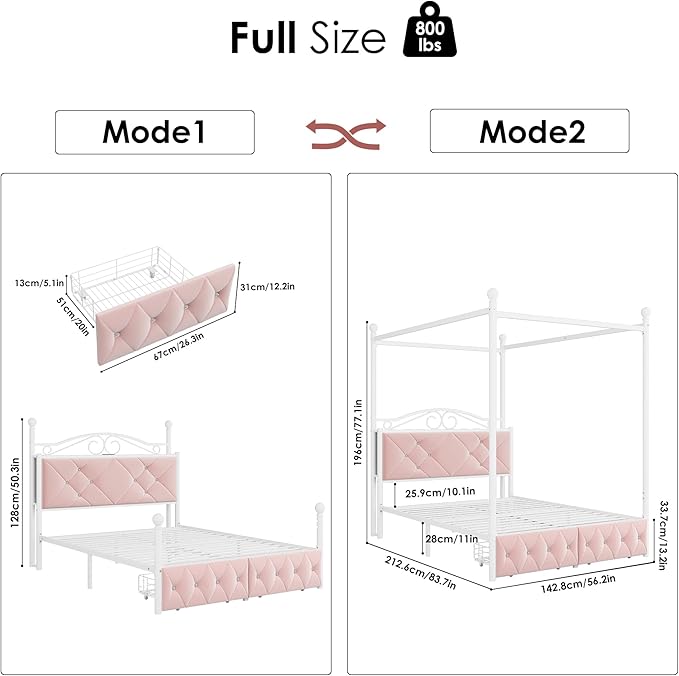 Full Upholstered Canopy Bed Frame with 2 Drawers & Crystal Tufted Storage Headboard Two-Purpose Metal Platform Bed with 4 Removable Posts & Charging Station Pink Princess Bed, Curtain Not Included