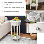HOMPUS Vintage Round End Table with Lower Shelf, No Assemble Required Farmhouse Night Stand, Tall End Table with Drawer, White Nightstand Bedside Table for Bedroom, Small Spaces, Distressed Off-White