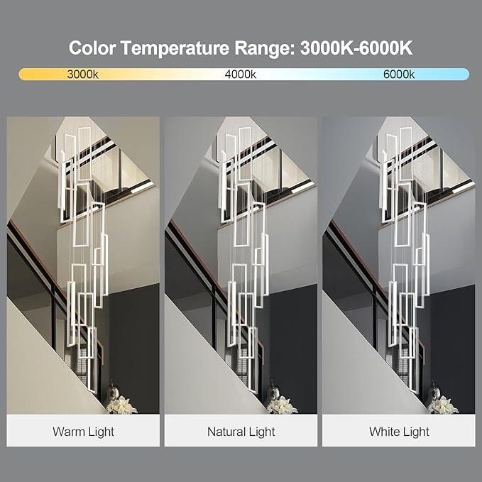 Modern Adjustable Height Pendant Light Fixture - White 252W LED Pendant Lights with 12 Rings - Rectangular Chandelier for Staircase, Lobby, Living Room, Foyer and High Ceiling