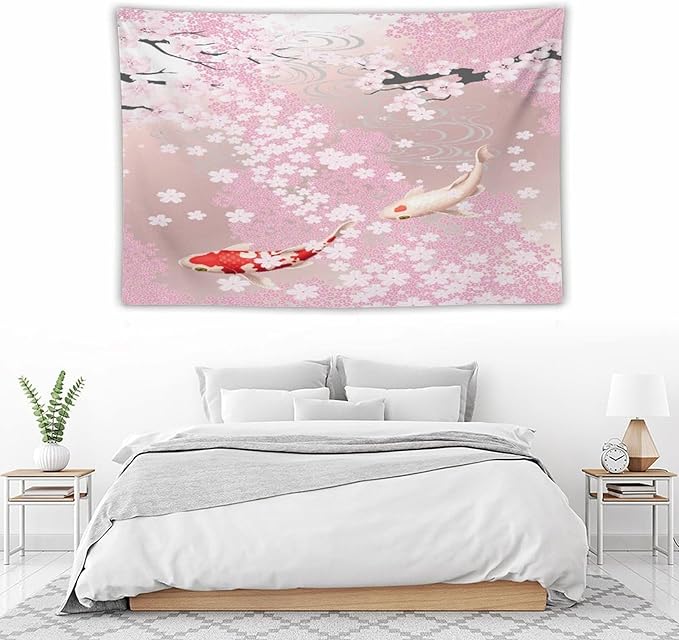 Houselerax Japanese Koi Fish Tapestry, Cherry Blossoms Asian Oriental Pink Flower Branch Koi Fish Carp Tapestries Wall Hanging for Bedroom Living Room Office Decor 60"x40"