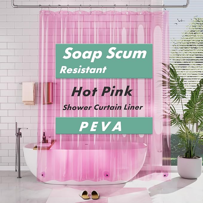 AmazerBath 72x78 Long Shower Curtain Liner, Clear Pink Plastic Shower Curtain Liner, Waterproof PEVA Shower Liner, Cute Lightweight Shower Curtains for Bathroom with 3 Magnets & 12 Rustproof Grommets