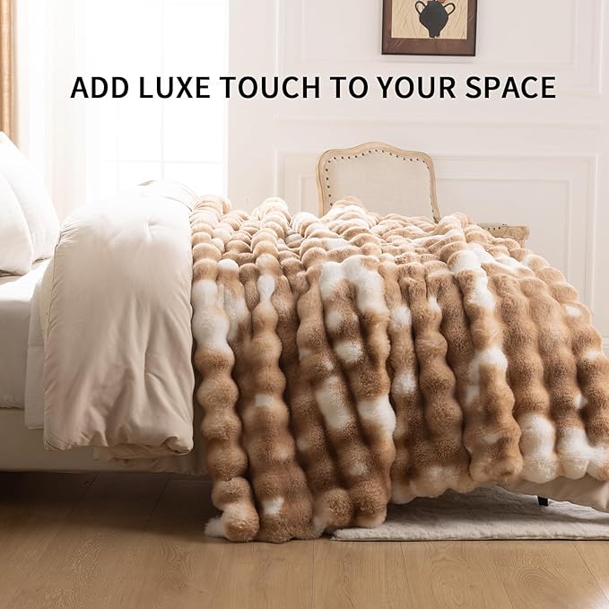 Cozy Faux Fur Throw Blanket for Bed-Warm Fuzzy Throw Blanket, Soft Plush Thick Bubble Blankets for Bedroom and Living Room, Furry Luxury Blanket, 90 x 90, Tie-Dye Brown