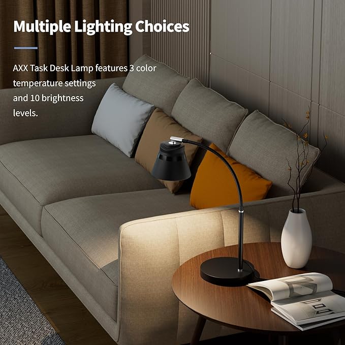 AXX Metal Desk Lamp, 24-Inch Table Light for Home Office/Bedroom/College Dorm Room, LED Bulb Included, 1000LM, 3 Color Modes, 10 Dimmable Levels, Black