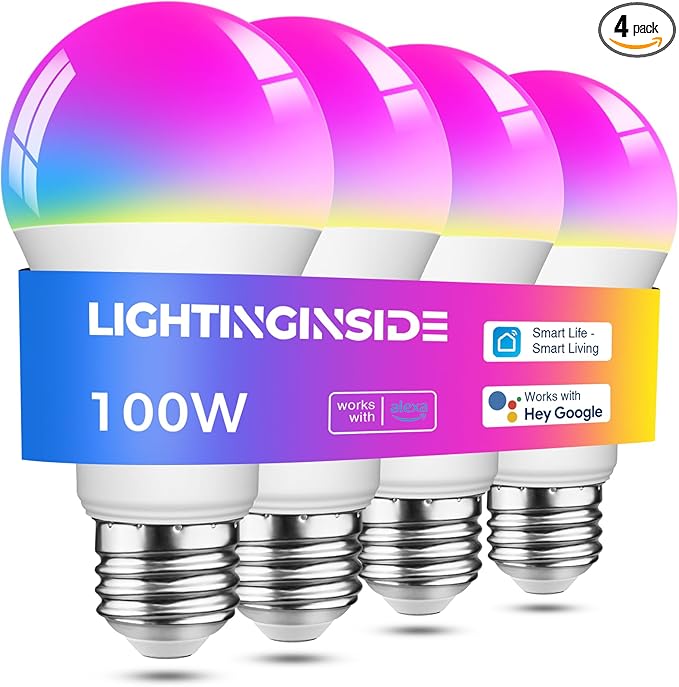 Lightinginside Smart Light Bulbs 100W Equiv., 1350LM 11W Smart Bulb Works with Alexa/Google Home/Smart Life, A19 E26 RGBCW Color Changing, No Hub Required, 2.4G WiFi Bluetooth Bulb, ETL Listed, 4PCS