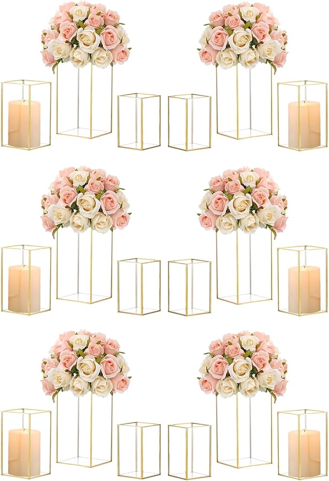 Hewory Glass Hurricane Candle Holder Set of 18, Gold Large Hurricane Centerpiece for Table, Tall Floor Square Pillar Candle Holders Lantern Set for Wedding, Anniversary, Party, Fireplace, Dining Room