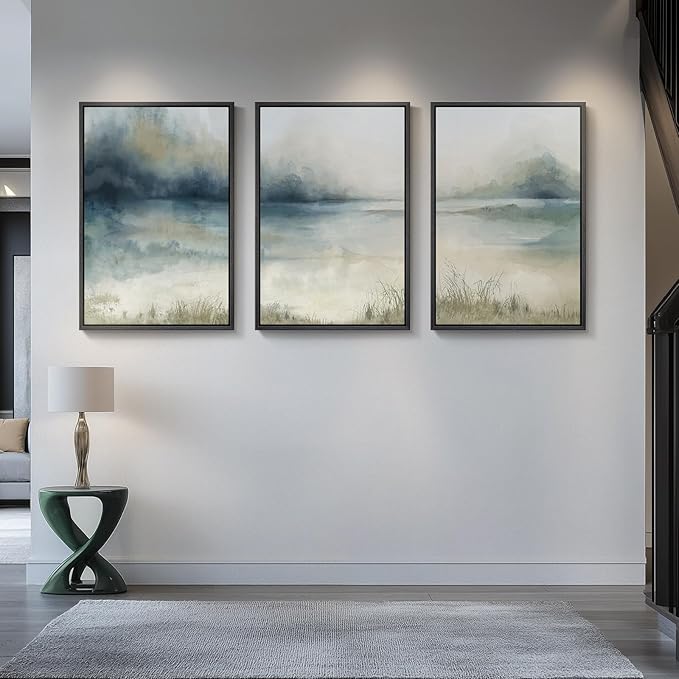 Large Framed Abstract Nature Landscape Wall Art for Living Room, 3 Piece Modern Canvas Prints Paintings Artwork for Walls, Blue Watercolor Lake Mountain Pictures for Hallway Office Wall Decor 24x36 In