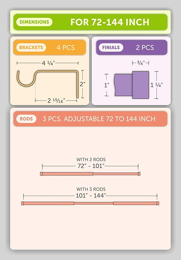 Ivilon Drapery Window Curtain Rod - End Cap Style Design 1 Inch Pole. 72 to 144 Inch Color Black