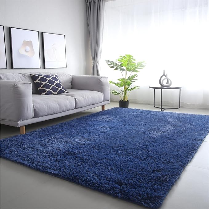 CAIYUECS Blue Area Rug for Living Room: Indoor Ultra Soft Shag Plush Rugs for Bedroom - Non-Skid Modern Nursery Faux Fur Rugs for Kids Room Home Decor (8x10 Feet, Navy Blue)