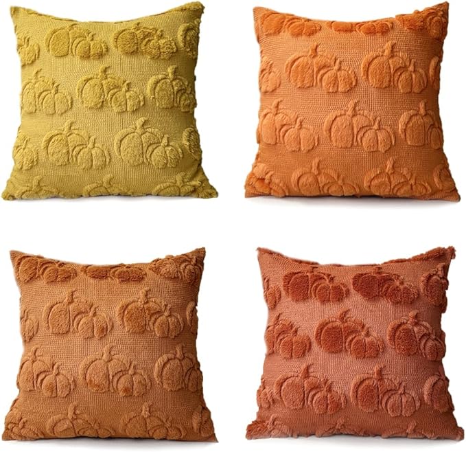 Booque Valley 4 Packs Fall Throw Pillow Covers Soft Plush Faux Fur 3D Embroidery Rust Pumpkin Decorative Pillowcases for Living Room Couch Bed Sofa, 18 x 18 inch, Harvest