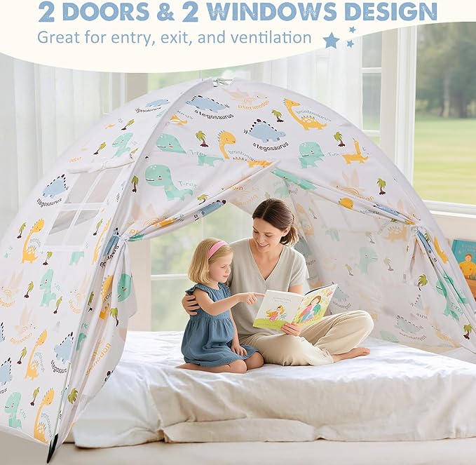 Twin Bed Tent for Kids, Twin Size Bed Canopy with Star Lights, Privacy Space Blackout Sleeping Tents, Indoor Breathable Portable Toddler Bed Tent for Boys and Girls, Dinosaur