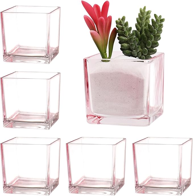 Square Vases Set of 6, 3"x 3"x 3" Glass Vases for Flowers, Square Flower Vase for Centerpieces, Small Pink Vase for Wedding, Party, Home Office Decoration