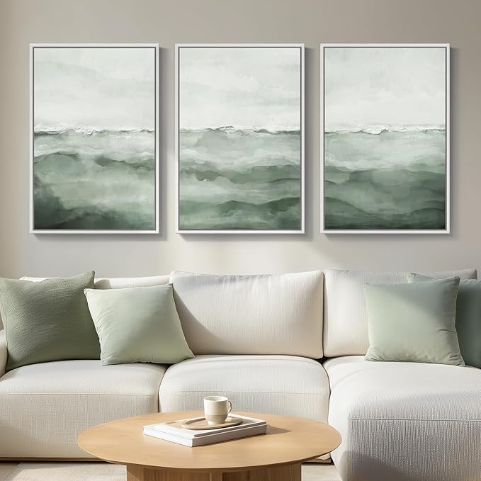 Large Framed Sage Green Abstract Landscape Wall Art for Living Room, 3 Piece Modern Canvas Prints Paintings Artwork for Walls, Minimalist Abstract Pictures for Hallway, Office Wall Decor 24x36 In
