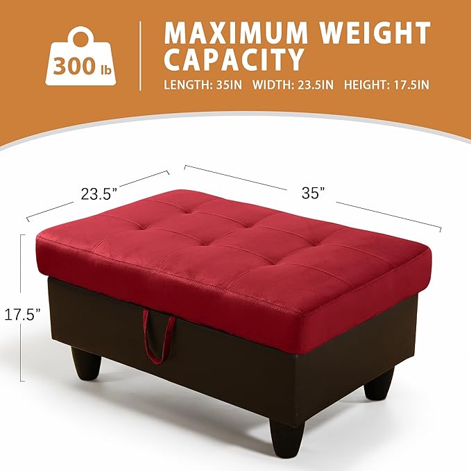 Ottoman Rectangular Storage Ottoman Bench, Flannel Footrest Stool Footstool with Lid for Living Room, Bedroom, Entryway, Red&Black, 35"x23.5"x17.5"