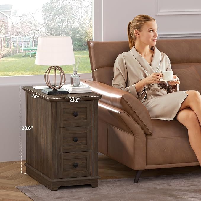 HIFYOBRO Narrow End Table Set of 2, 3 Drawers and Charging Station, Type-C & USB Port & Power outlets, Wooden End Table, Side Table with Storage for Living Room, Bedroom Nightstands