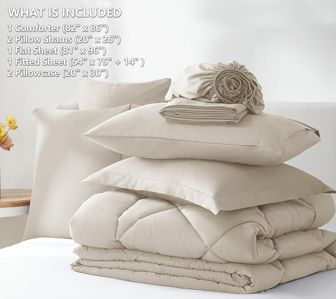 CozyLux Full Size Comforter Sets Oatmeal - 7 Pieces Bed in a Bag Full, Luxury Soft Bed Set for All Seasons, Bedding Set with Down Alternative Comforter, Sheets, Pillowcases & Shams