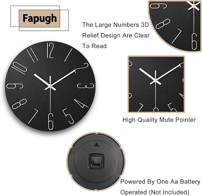 Wall Clock, Silent Clock, Wall Clocks Battery Operated， 12 inch Modern Wall Clock, Suitable for Offices, Living Rooms, Kitchens, Homes, Schools (Black)