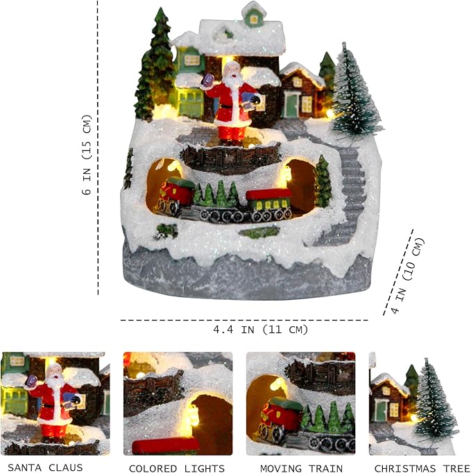 Christmas Decorations Village House Resin Collectible Building Figurines Revolving Train Musical Snow Globe 8 Music for Vintage Christmas Decor (Santa)