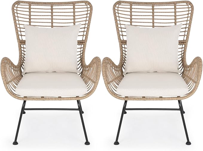 IDZO Isabelle Upgraded 2000 Hours UV Wicker Chairs Outdoor Set of 2, 500 lbs Capacity Outdoor Patio Chair, All-Weather Club Chair with Water-Resistant Olefin Cushions, Boho Style, Beige