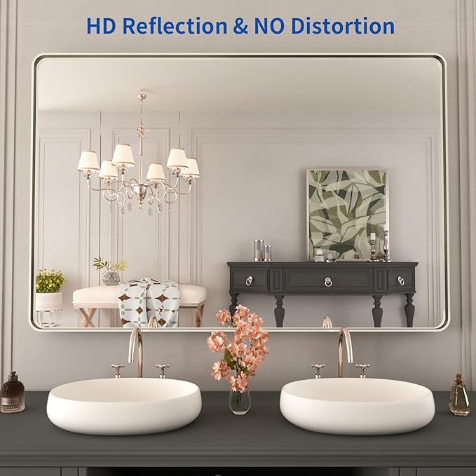 WEER 48X32 Inch Brushed Nickel Bathroom Mirror, Brushed Silver Metal Frame Mirror, Rounded Rectangle Silver Bathroom Vanity Mirror, Tempered Glass, Anti-Rust, Hangs Horizontally or Vertically