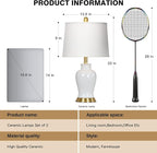 White Ceramic Table Lamps Set of 2, 23" Modern Ceramic Bedside Lamps with Ginger Jar Design, Farmhouse Lamp for Living Room End Table, Elegant Bedroom Lamp for Nightstand Desk Side Home Decor