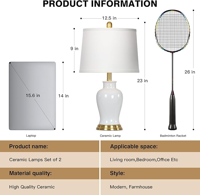 White Ceramic Table Lamps Set of 2, 23" Modern Ceramic Bedside Lamps with Ginger Jar Design, Farmhouse Lamp for Living Room End Table, Elegant Bedroom Lamp for Nightstand Desk Side Home Decor