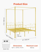 VEVOR Canopy Bed Frame Queen Size, Metal Canopy Bed with Minimalist Headboard & Four Posters Design, Heavy Duty Steel Slats Support, Underbed Storage Space, No Box Spring Needed, Easy Assembly, Gold