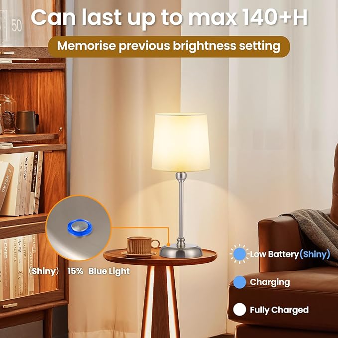 Cordless Small Table Lamp, 6000mAh Rechargeable Battery Powered,LED Touch Control Dimmable Bedside Operated Table Top,Light for Bedroom/Home/Restaurant/Entryway/Dining/Living Room(Brushed Nickel-High)