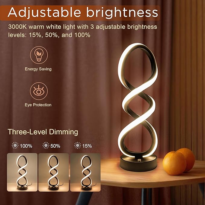 Modern Table Lamp, 7 Colors 10 Light Modes Spiral Design Table Lamp, Touch Dimmable Nightstand Lamp, Unique Bedside Lamp for Living Room, Bedroom, Cool Lamps, Black, 2 Pack