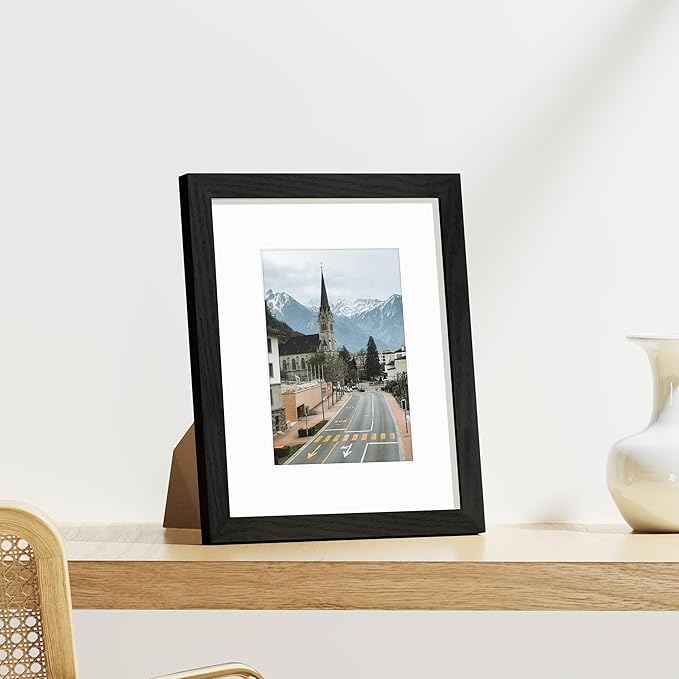 Vittanly 8x10 Picture Frames Set of 9, Shatter Resistant Plexiglass, Display 5x7 Pictures with Mat or 8x10 without Mat, Photo Frames for Wall or Tabletop, Engineered Wood, Black