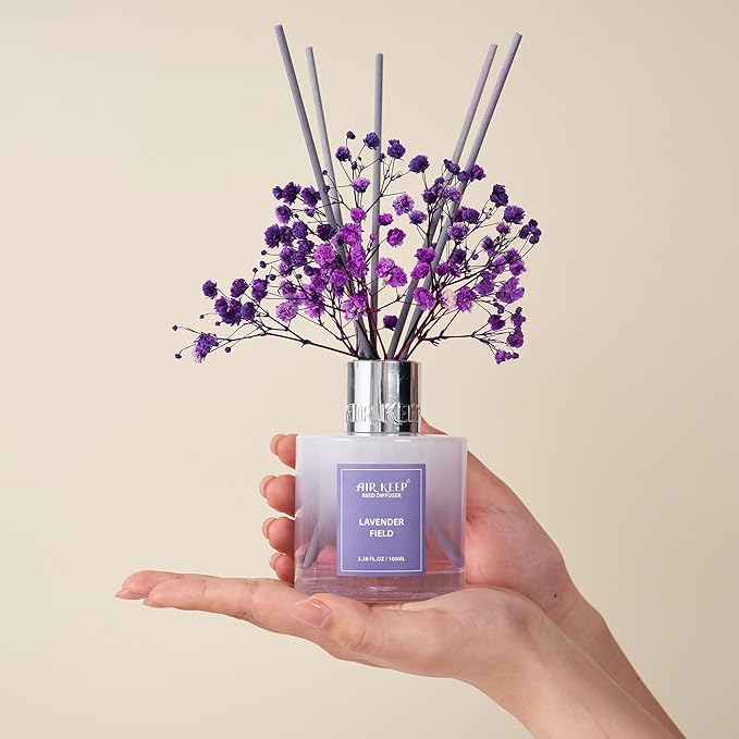 Airkeep Reed Diffuser Set,3.38 fl oz (100 ml) - Lavender Field Oil Diffusers with 8 Reed Sticks, Home Fragrance Reed Diffuser for Bathroom Shelf Decor