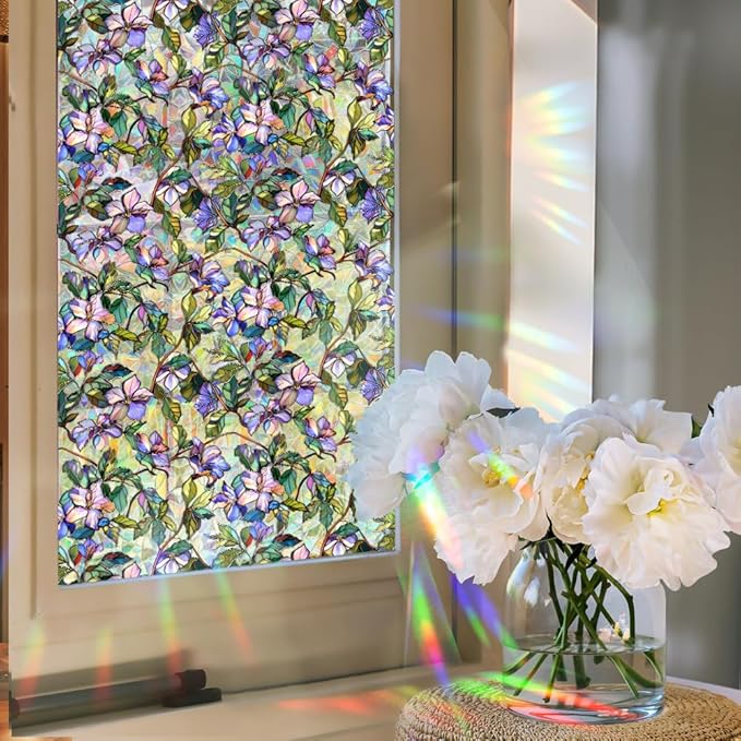 Window Film, Decorative Purple Flowers Stained Static Glass Window Clings Stickers for Home Office Living Room Bedroom Glass Windows Door Decor 16.93 x 39.37 Inches