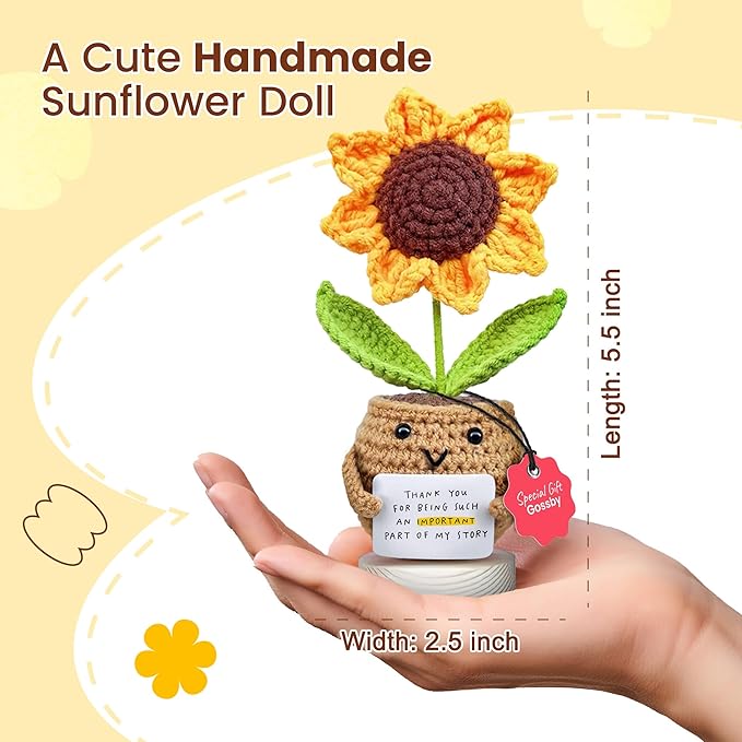 Gossby Handmade Positive Sunflower Doll Crochet Plant - Appreciation Thank You for Being an Important Part Gift for Coworker, Sister Friend, Teacher - Mothers Day, Christmas, Birthday Gift Women, Men