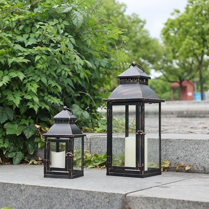 NEEDOMO Bronze Metal Lanterns Decorative Outdoor & Indoor, Set of 4 (17" & 10") with Glass, Candle Holder for Porch, Patio, Garden, Balcony, Wedding, Table Centerpiece Decorations