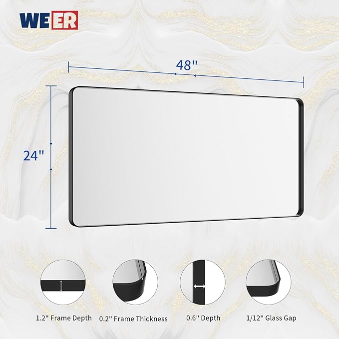 WEER Black Bathroom Mirror for Wall, 48X24 Inch Matte Black Mirror, Rectangular Black Metal Framed Vanity Mirror with Tempered Glass, Rounded Corner, Anti-Rust (Horizontal/Vertical)