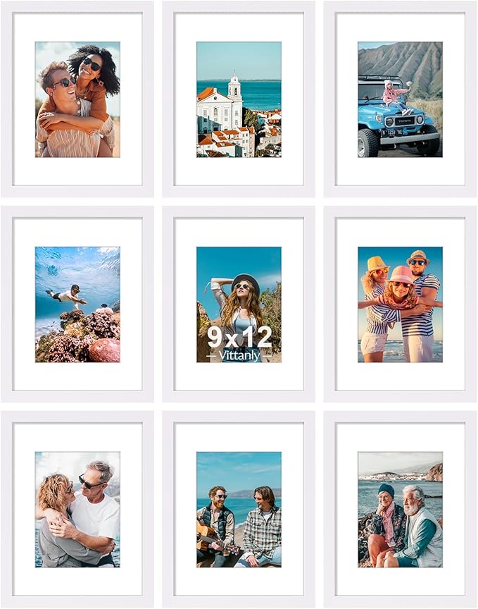 Vittanly 9x12 Picture Frames Set of 9, Shatter Resistant Plexiglass, Display 6x8 Pictures with Mat or 9x12 without Mat, Photo Frames for Wall or Tabletop, Engineered Wood, White