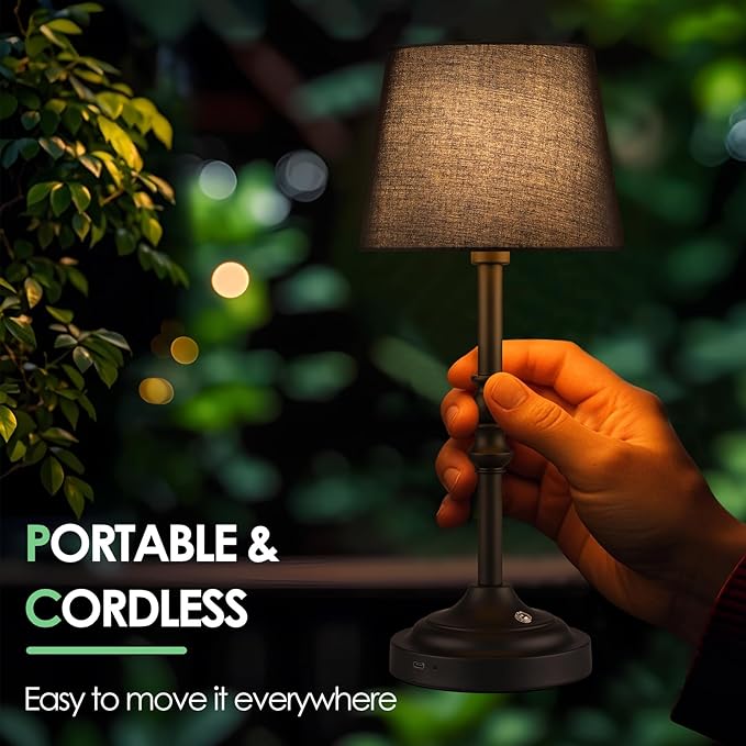 GGOYING Set of 2 Rechargeable Cordless LED Table Lamps, 4-Level Dimmer, Black Portable Desk Lamps with Black Fabric Shades, Night Light for Dining, Bedroom and Patio