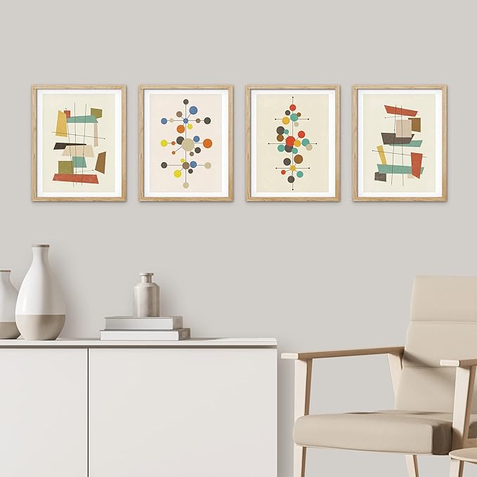 SIGNWIN Framed Mid-Century Modern 1960s Vintage Nordic Polygons Wall Art, Set of 4 Abstract Geometric Wall Decor Prints, Nature Wilderness Wall Décor for Living Room, Bedroom - 8"x10" Natural