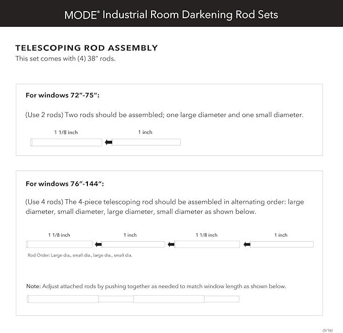 MODE Industrial Room Darkening Collection 1 1/8" Diameter Industrial Curtain Rod Set with Steel Wall Mounted Adjustable Curtain Rod, Blocks Light, Fits 72” to 144” Windows, Warm Gold