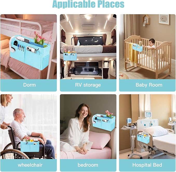 Bedside Caddy Organizer with Fixed Straps, Bunk Bed Caddy ideal for Home, Bunk Bed, Dorm, Hospital, Crib, Versatile Bedside Storage Solution (Blue)