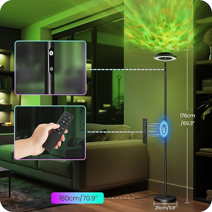 LED Floor Lamp with RGB Galaxy Projector, 18W Double Sided Corner Light Rotatable, Dimmable Standing Lamp with Remote, Black Modern Lamp for Living Room, Bedroom, Kids Room, Gaming B14LD05