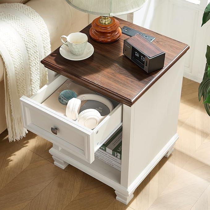 Farmhouse Side Table with Charging Station, Rustic Wood End Table with Drawer, Small Nightstand with Open Shelf for Bedroom, End Tables for Living Room, White